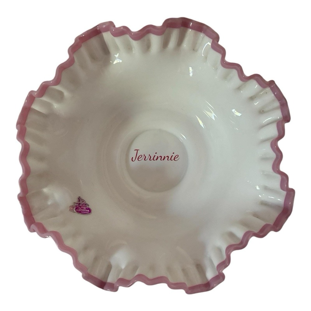 Fenton Opalescent Ruffled Art Glass Compote Bowl With Original Sticker
